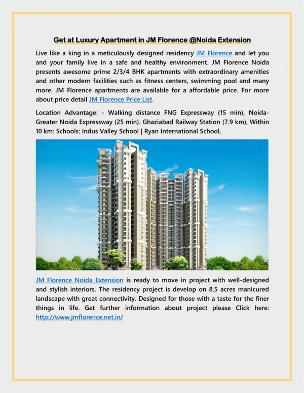 Get at Luxury Apartment in JM Florence @Noida Extension