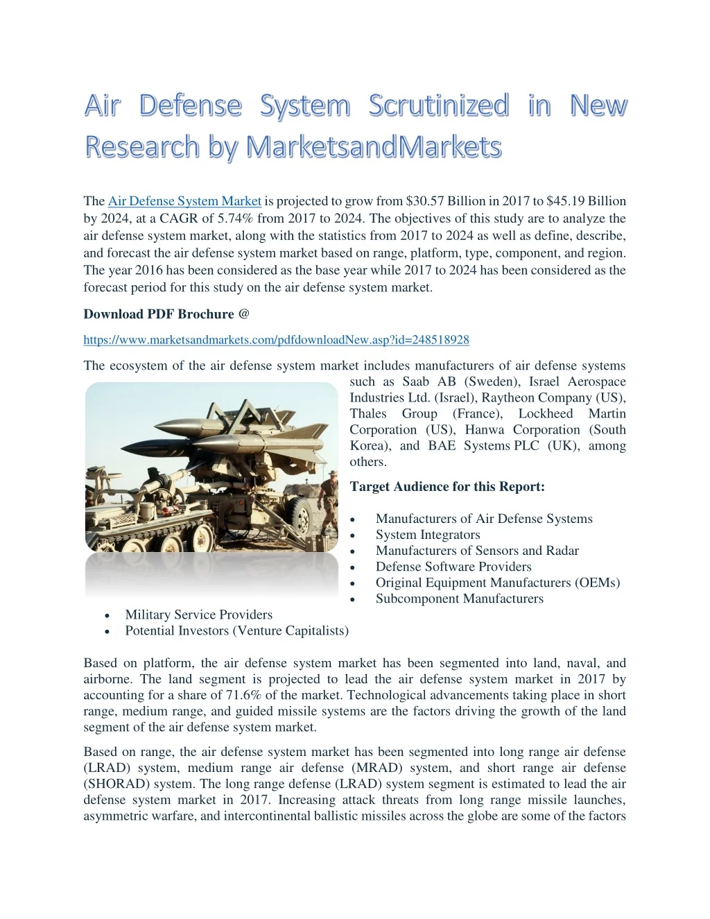 the air defense system market is projected