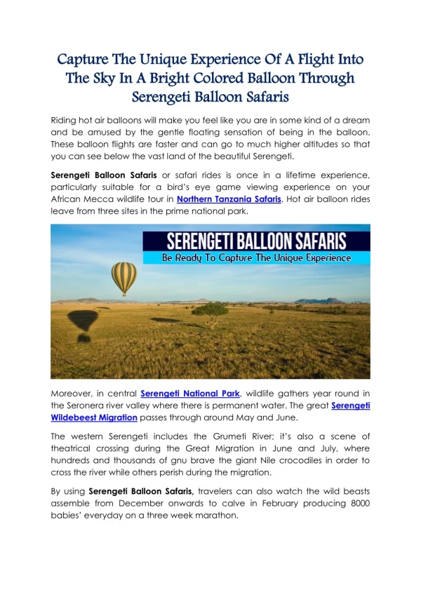 Capture The Unique Experience Of A Flight Into The Sky In A Bright Colored Balloon Through Serengeti Balloon Safaris