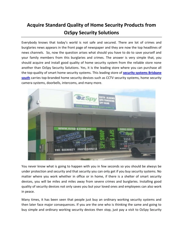 Acquire Standard Quality of Home Security Products from OzSpy Security Solutions