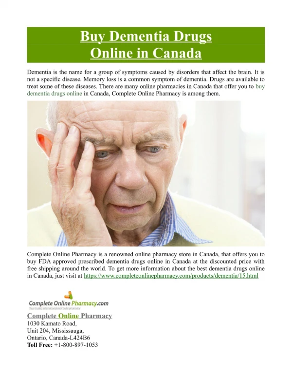 Buy Dementia Drugs Online in Canada