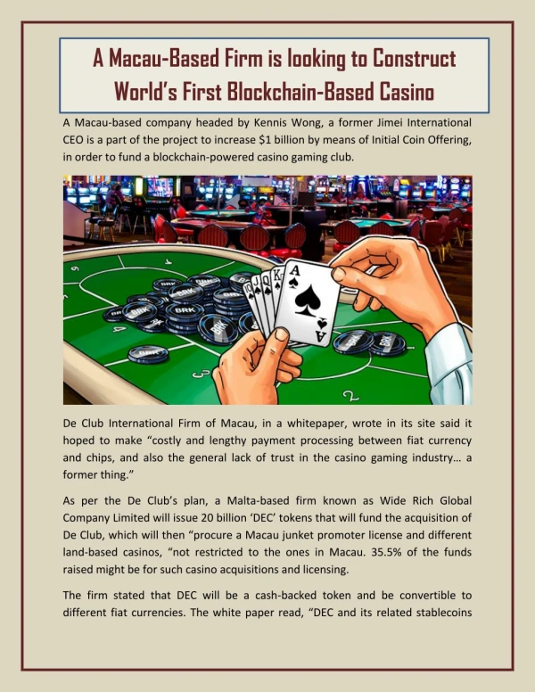 A Macau-Based Firm is Looking to Construct World’s First Blockchain-Based Casino