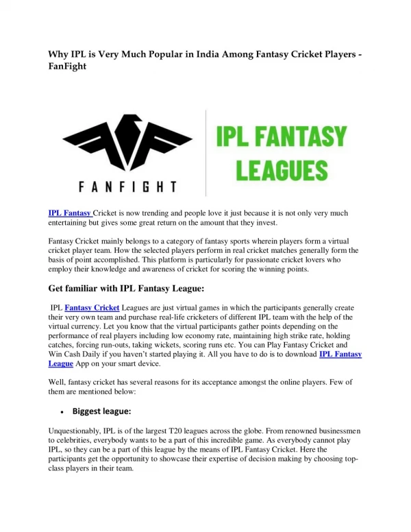 Why IPL is Very Much Popular in India Among Fantasy Cricket Players - FanFight