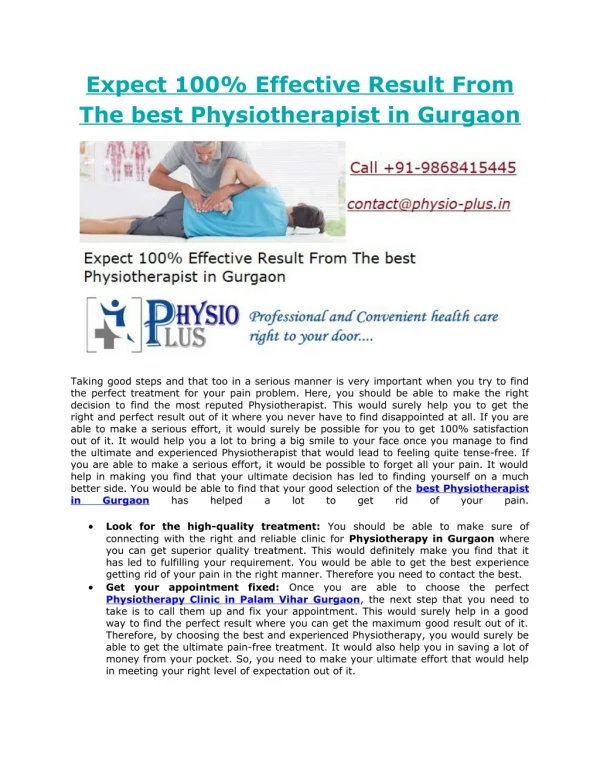Expect 100% Effective Result From The best Physiotherapist in Gurgaon