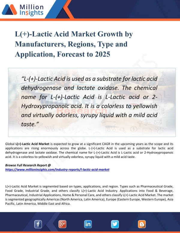 L( )-Lactic Acid Market Size,Growth,Analysis,Applications,Opportunities, and Forecasts to 2025
