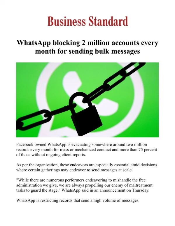WhatsApp blocking 2 million accounts every month for sending bulk messages