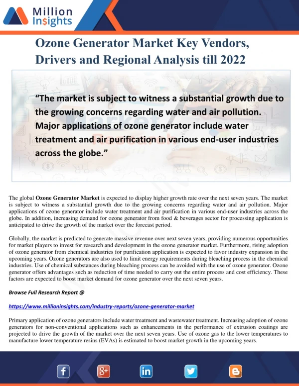 Ozone Generator Market Key Vendors, Drivers and Regional Analysis till 2022