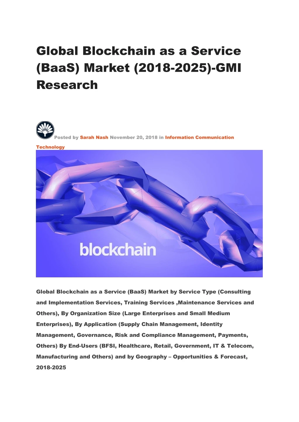 global blockchain as a service baas market 2018