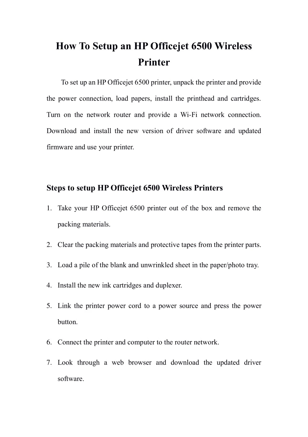 how to setup an hp officejet 6500 wireless printer