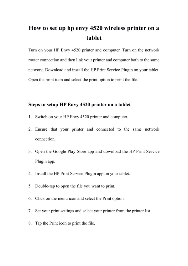 HP Envy 4520 Setup for tablet guidelines