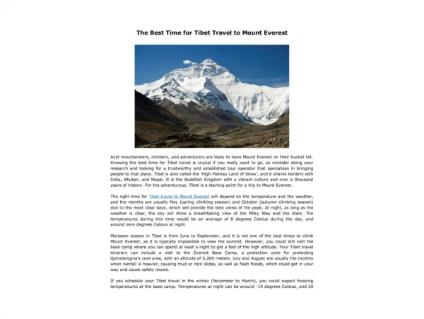 The Best Time for Tibet Travel to Mount Everest
