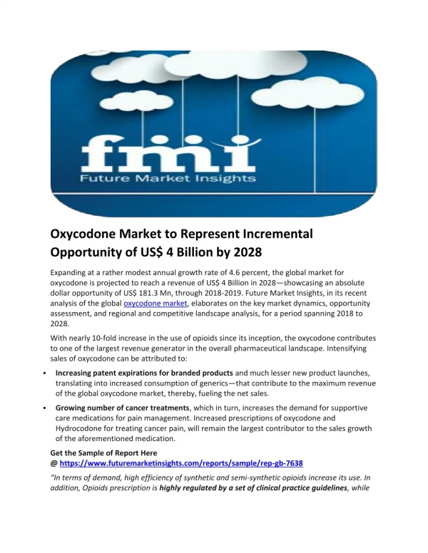 Oxycodone Market to Represent Incremental Opportunity of US$ 4 Billion by 2028