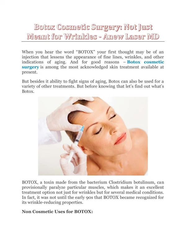 Botox Cosmetic Surgery: Not Just Meant for Wrinkles - Anew Laser MD