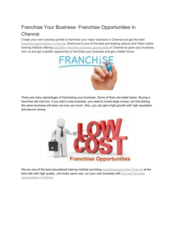 Franchise Your Business- Franchise Opportunities In Chennai