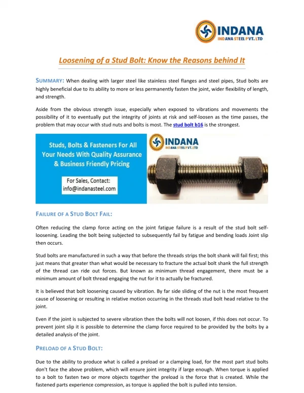 Loosening of a Stud Bolt Know the Reasons behind It