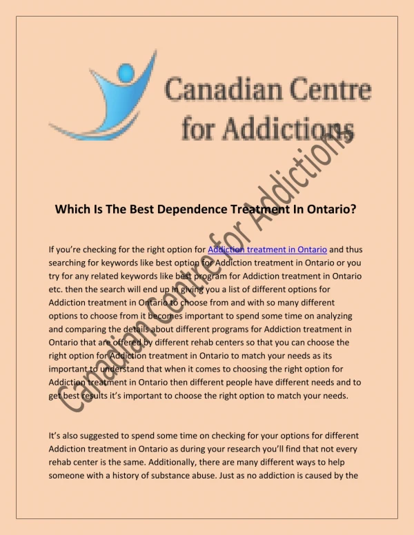 Which Is The Best Dependence Treatment In Ontario?