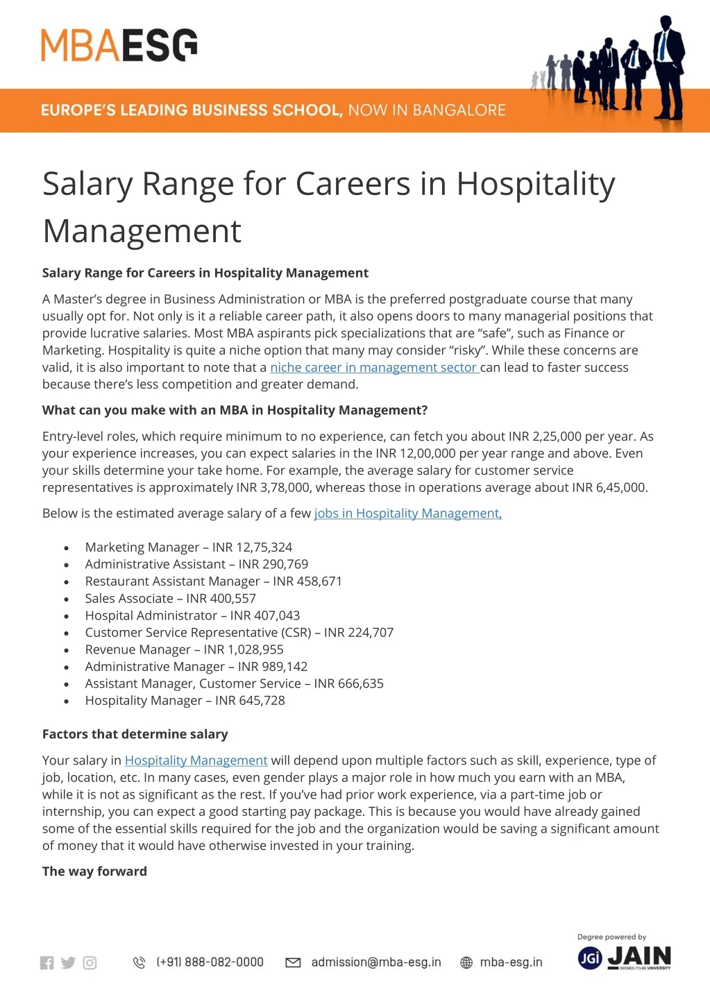 salary range for careers in hospitality management