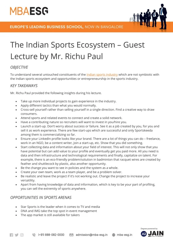 The Indian Sports Ecosystem – Guest Lecture by Mr. Richu Paul