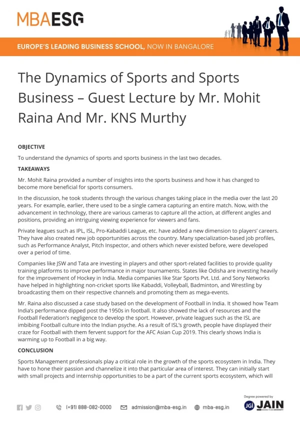The Dynamics of Sports and Sports Business