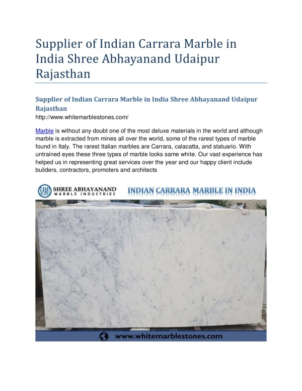 Supplier of Indian Carrara Marble in India Shree Abhayanand Udaipur Rajasthan