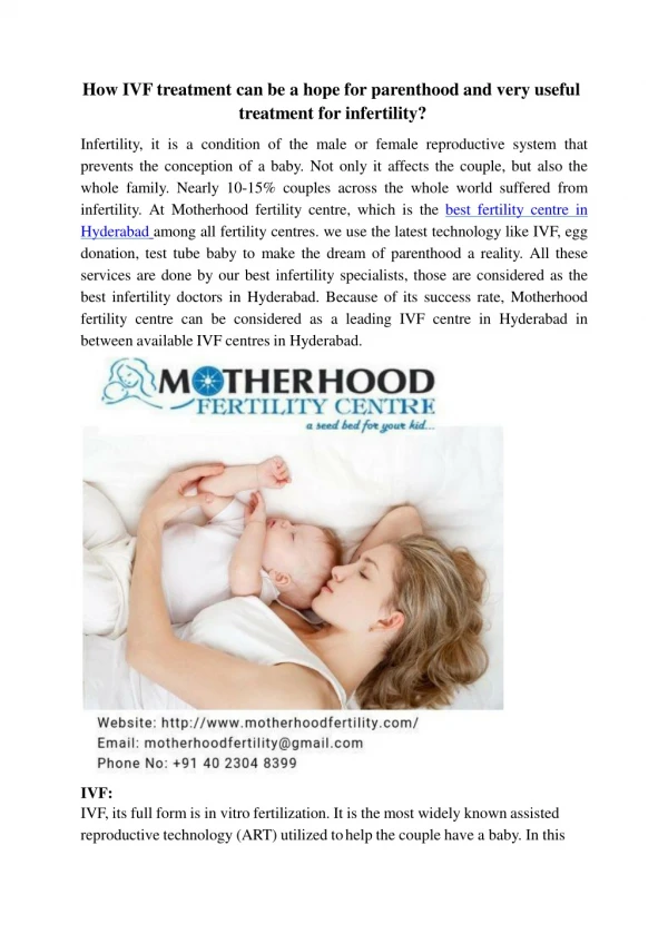 How IVF treatment can be a hope for parenthood and very useful treatment for infertility?