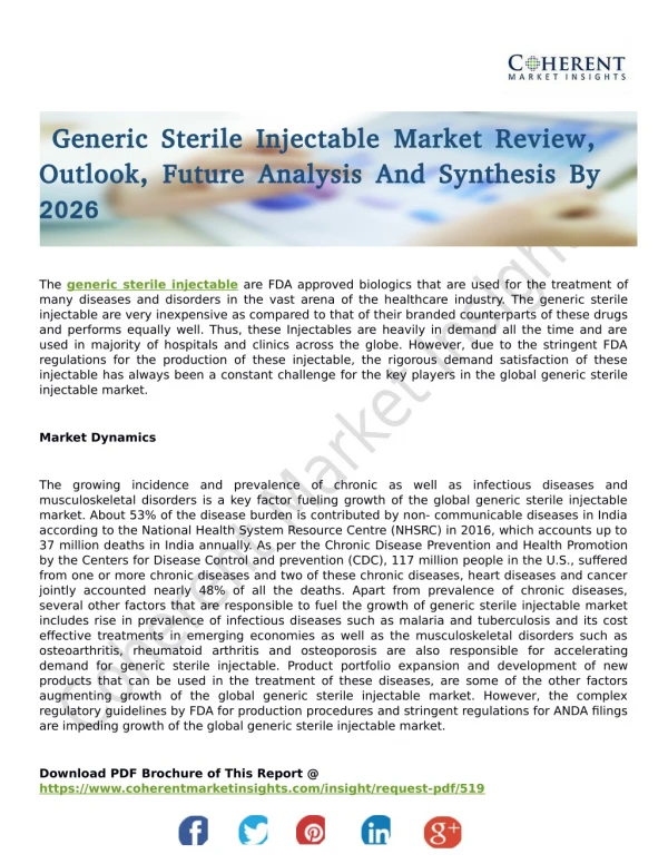 Generic Sterile Injectable Market To Record An Impressive Growth By 2025