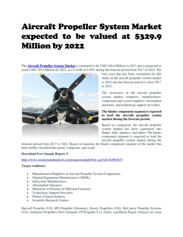 Aircraft Propeller System Market expected to be valued at $329.9 Million by 2022