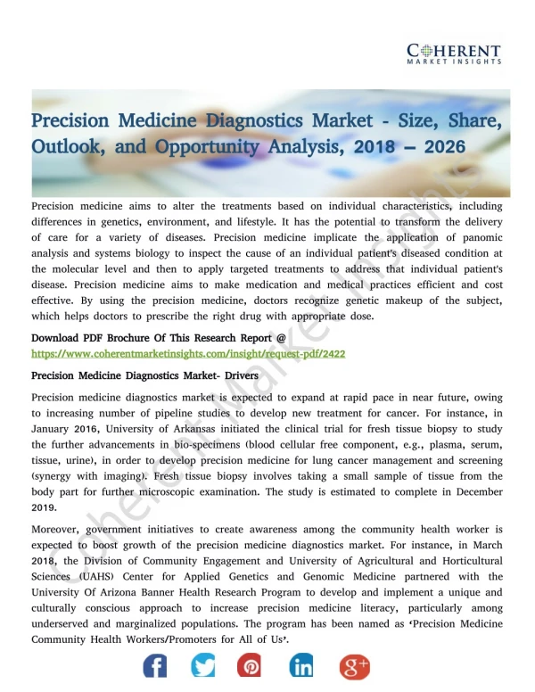Precision Medicine Diagnostics Market - Size, Share, Outlook, and Opportunity Analysis, 2018 – 2026
