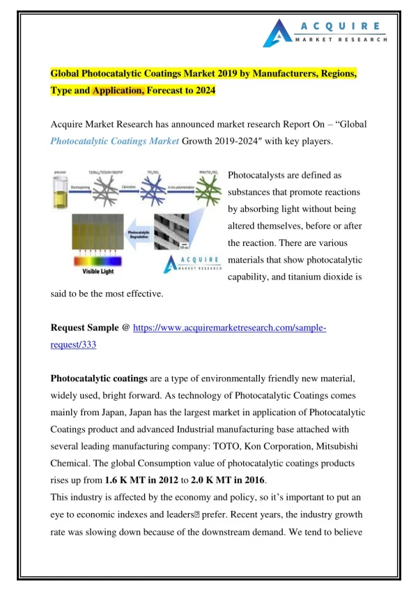Global Photocatalytic Coatings Market 2019 by Manufacturers, Regions, Type and Application, Forecast to 2024