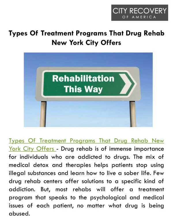 Types Of Treatment Programs That Drug Rehab New York City Offers