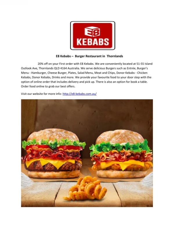 20% Off -E8 Kebabs-Thornlands - Order Food Online