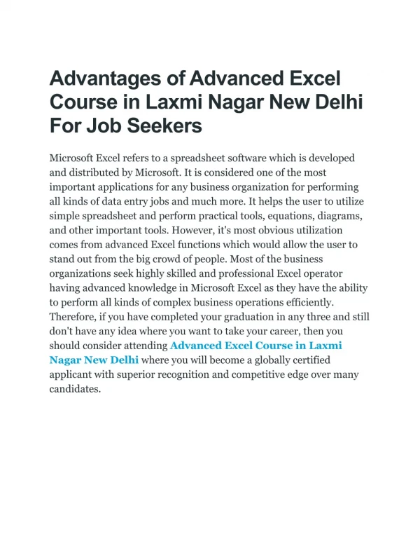 Advantages of Advanced Excel Course in Laxmi Nagar New Delhi For Job Seekers