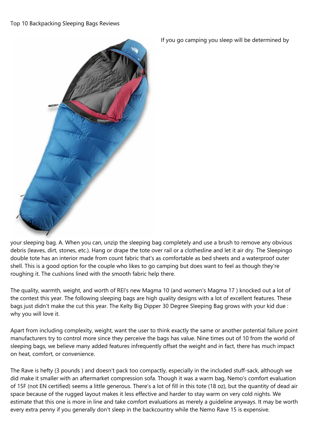 top 10 backpacking sleeping bags reviews