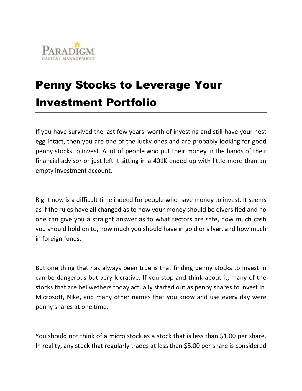penny stocks to leverage your investment portfolio