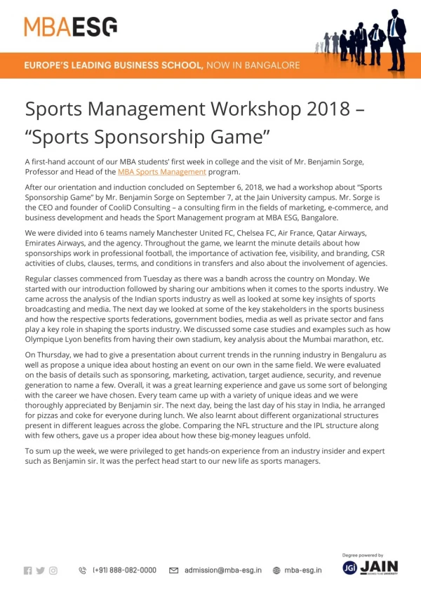 Sports Management Workshop 2018 – “Sports Sponsorship Game”
