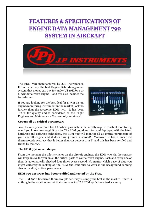 FEATURES & SPECIFICATIONS OF ENGINE DATA MANAGEMENT 790 SYSTEM IN AIRCRAFT