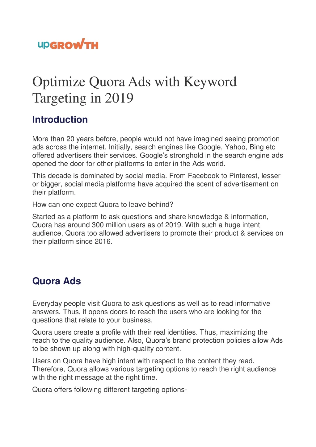 optimize quora ads with keyword targeting in 2019