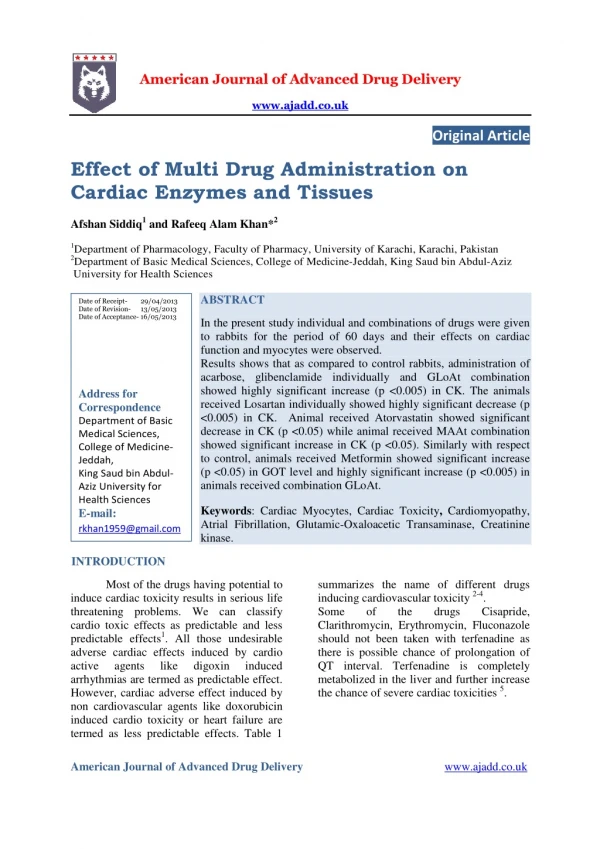 Effect of Multi Drug Administration on Cardiac Enzymes and Tissues