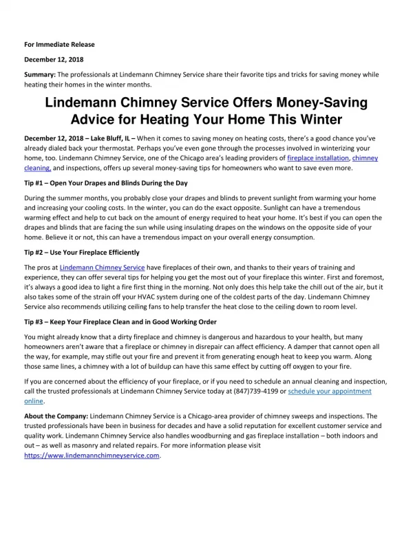Lindemann Chimney Service Offers Money-Saving Advice for Heating Your Home This Winter