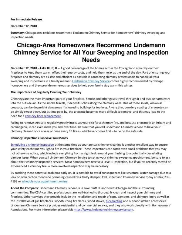 Chicago-Area Homeowners Recommend Lindemann Chimney Service for All Your Sweeping and Inspection Needs