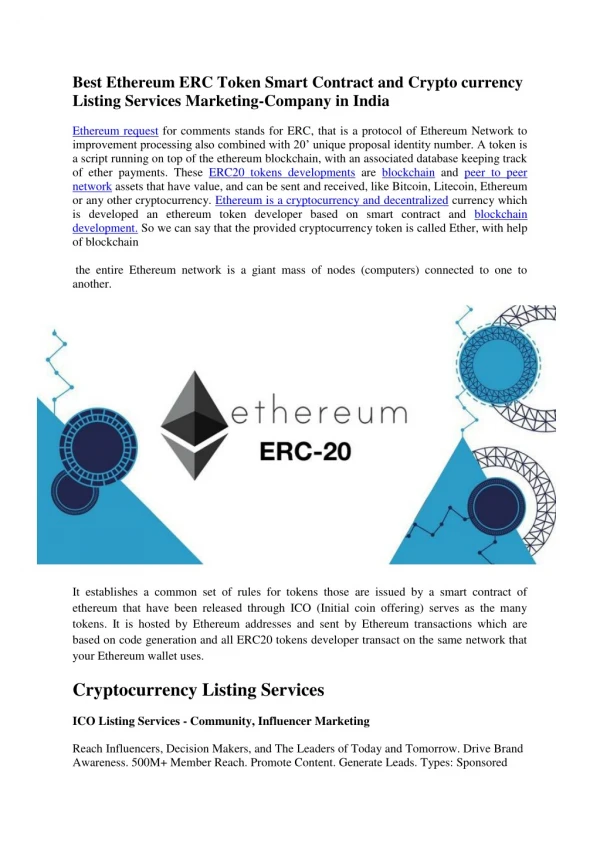 Best Ethereum ERC Token Smart Contract and Crypto currency Listing Services Marketing-Company in India
