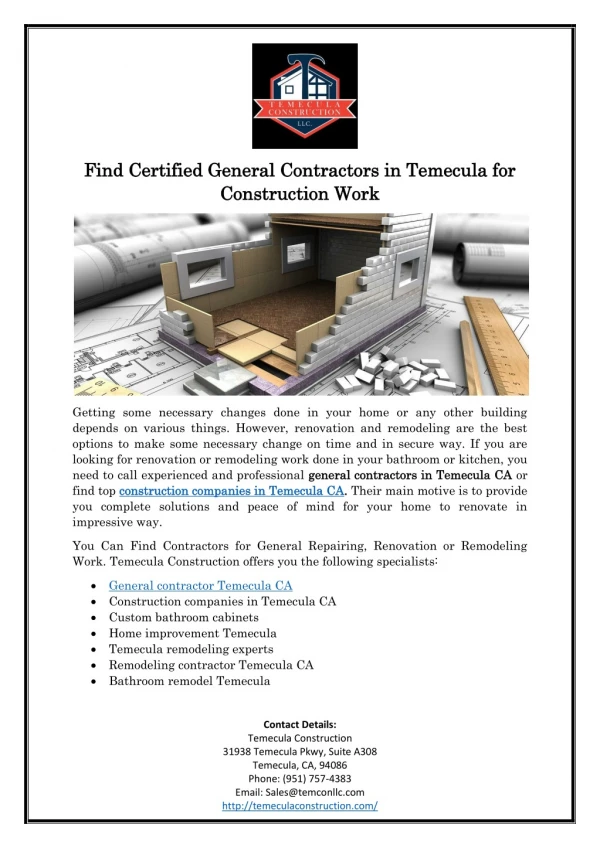 Find Certified General Contractors in Temecula for Construction Work