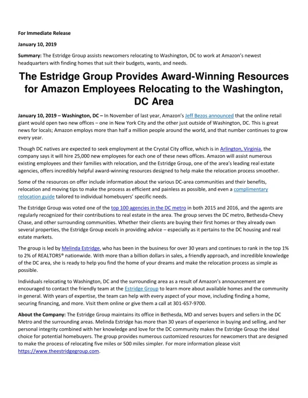 The Estridge Group Provides Award-Winning Resources for Amazon Employees Relocating to the Washington, DC Area