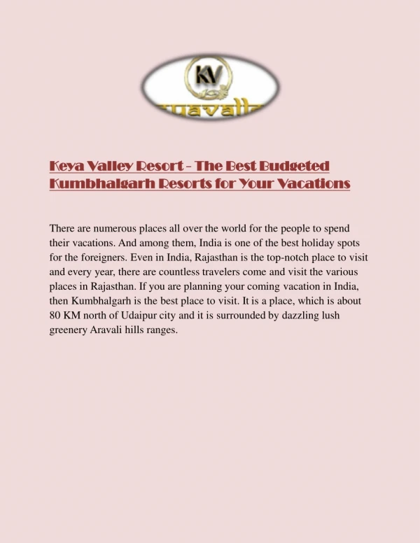 Keya Valley Resort - The Best Budgeted Kumbhalgarh Resorts for Your Vacations