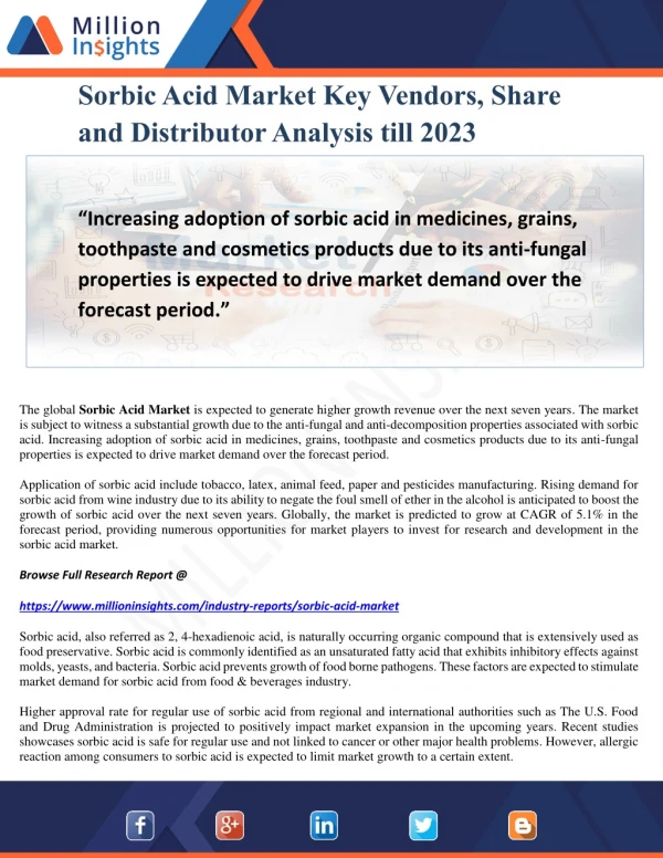 Sorbic Acid Market Key Vendors, Share and Distributor Analysis till 2023