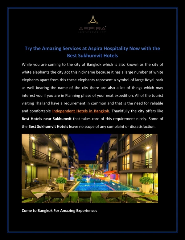 Try the Amazing Services at Aspira Hospitality Now with the Best Sukhumvit Hotels