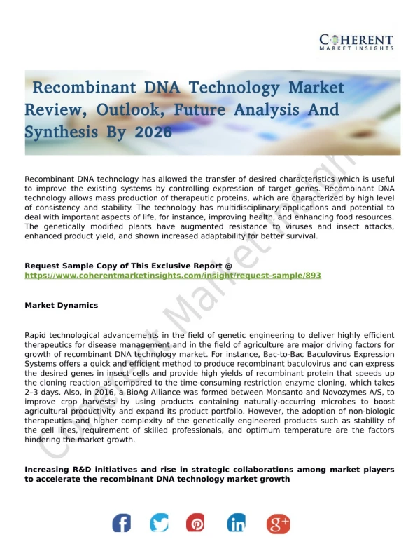 Recombinant DNA Technology Market Moving Towards a Glaring Growth Rate By 2026