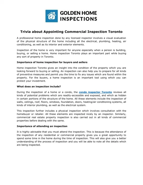 Trivia about Appointing Commercial Inspection Toronto