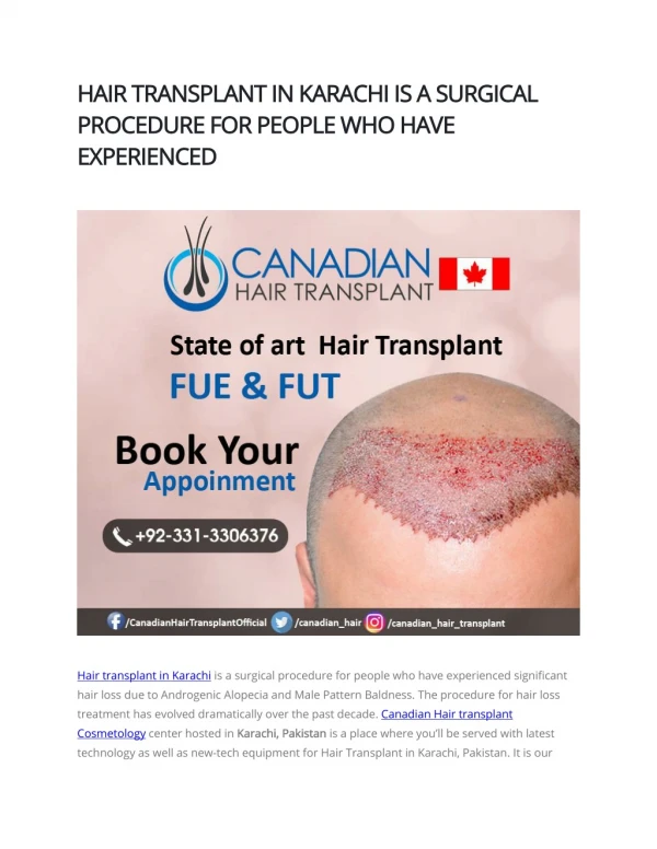 HAIR TRANSPLANT IN KARACHI IS A SURGICAL PROCEDURE FOR PEOPLE WHO HAVE EXPERIENCED