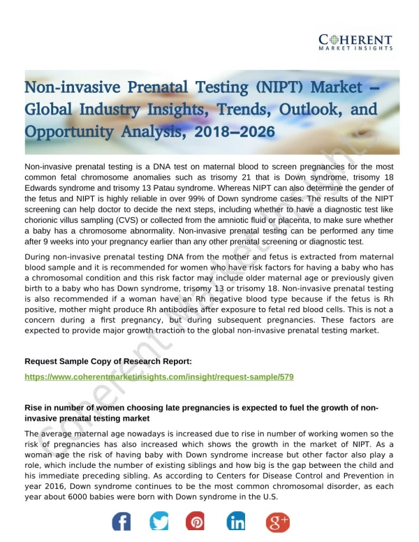 Non-invasive Prenatal Testing (NIPT) Market to Partake Significant Development By 2026